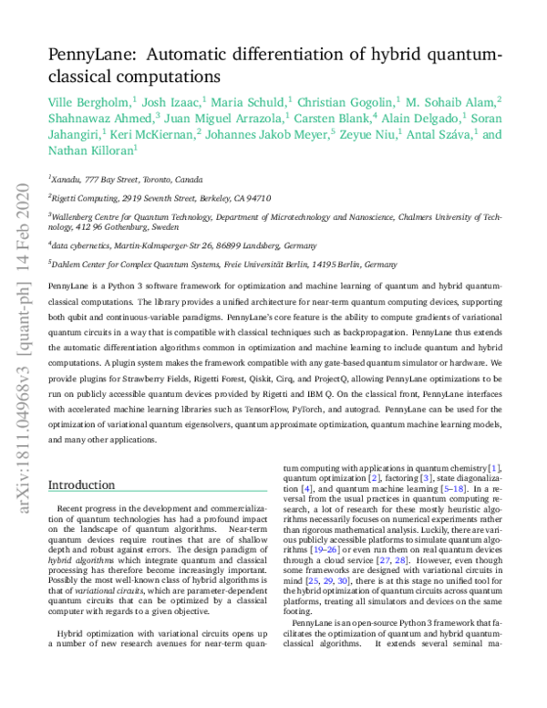 (PDF) PennyLane: Automatic differentiation of hybrid quantum-classical ...
