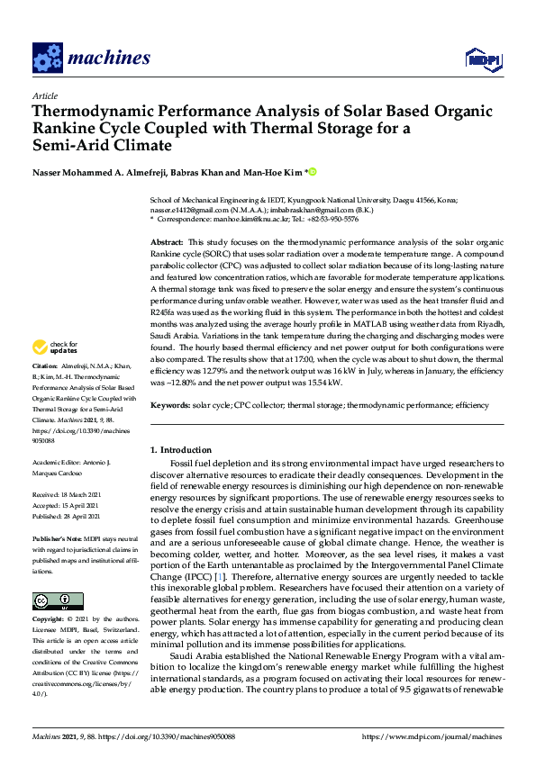 (PDF) Thermodynamic Performance Analysis of Solar Based Organic Rankine ...