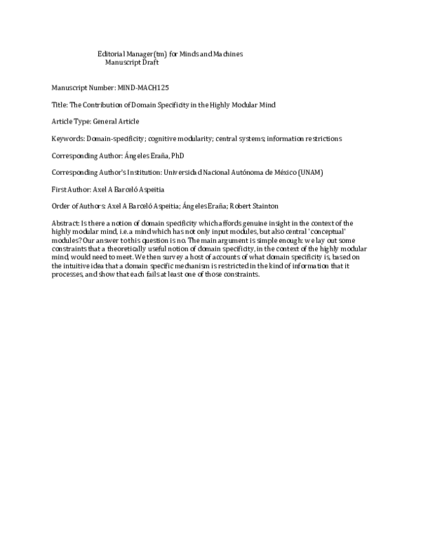 (PDF) 1 The Contribution of Domain Specificity in the Highly Modular Mind