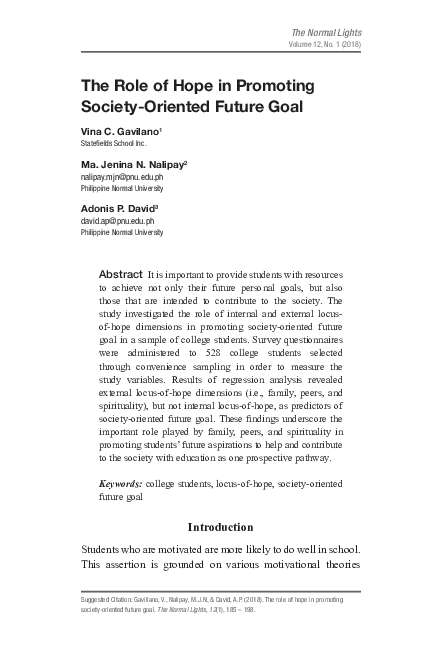 (PDF) The Role of Hope in Promoting Society-Oriented Future Goal