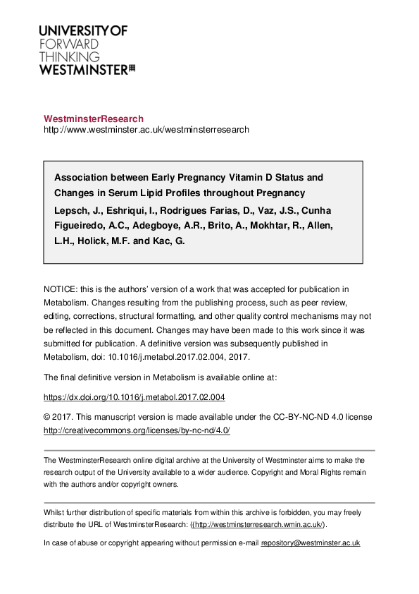 (PDF) Association between Early Pregnancy Vitamin D Status and Changes ...