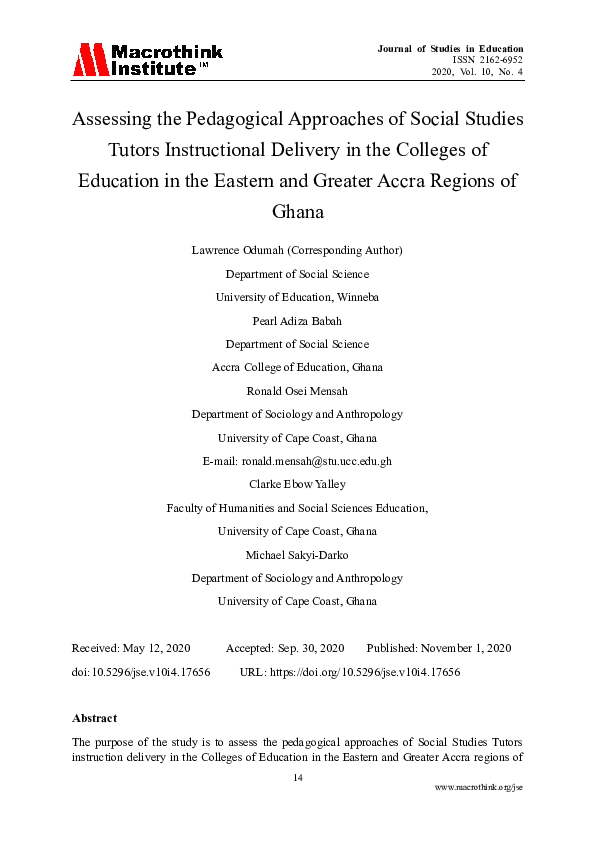 (PDF) Assessing the Pedagogical Approaches of Social Studies Tutors ...