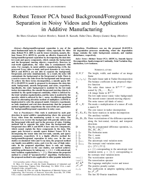 (PDF) Robust Tensor PCA based Background/Foreground Separation in Noisy ...