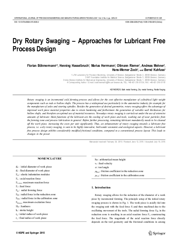 (PDF) Dry rotary swaging–approaches for lubricant free process design