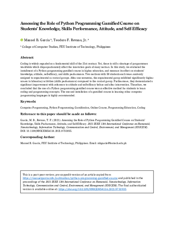 (PDF) Assessing the Role of Python Programming Gamified Course on ...