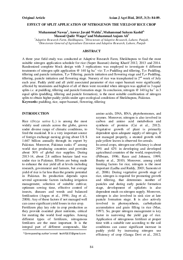 (PDF) Effect of Split Application of Nitrogenon the Yield of Rice Crop