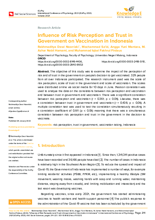 (PDF) Influence of Risk Perception and Trust in Government on ...