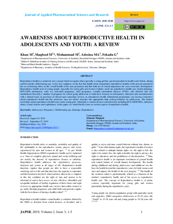 (PDF) Awareness About Reproductive Health in Adolescents and Youth: A ...