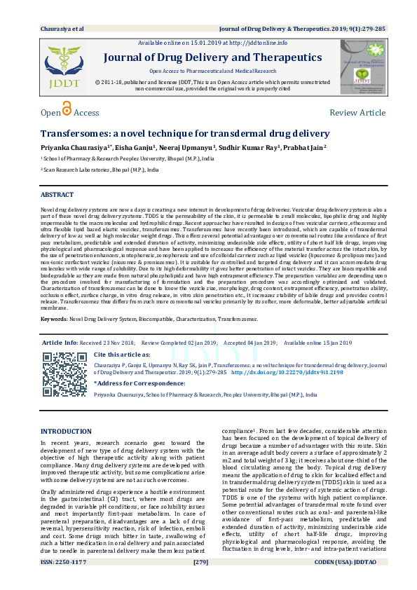 (PDF) Transfersomes: a novel technique for transdermal drug delivery