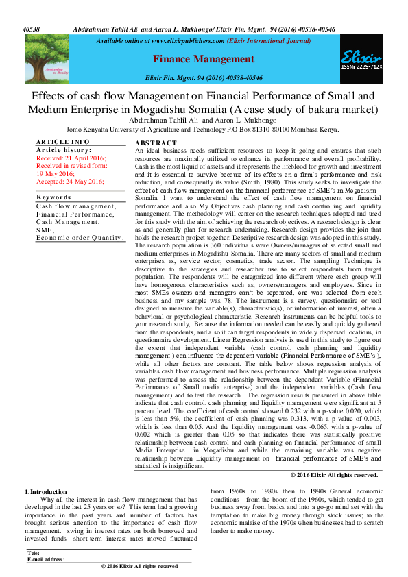 (PDF) Effects of cash flow Management on Financial Performance of Small ...