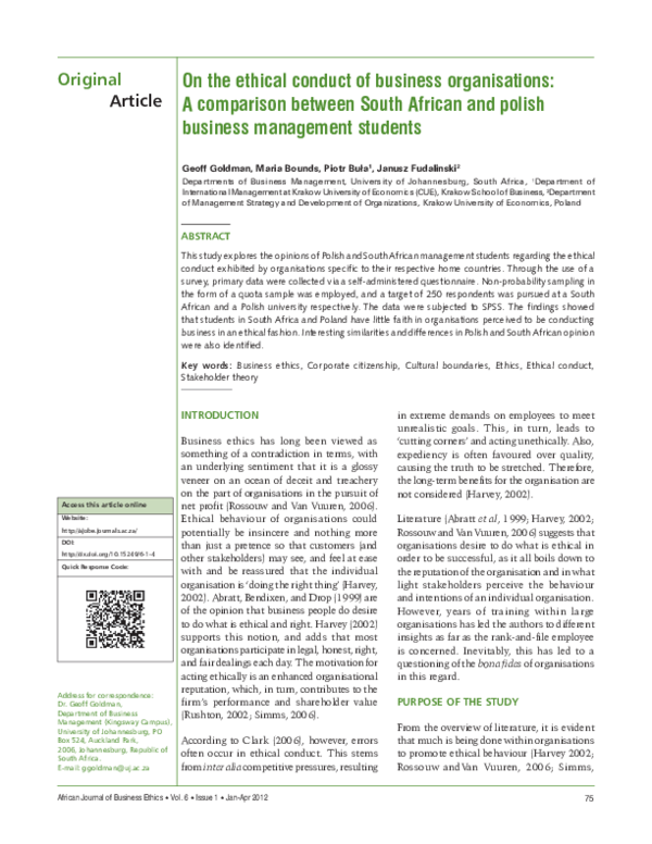 (PDF) On the ethical conduct of business organisations: A comparison ...