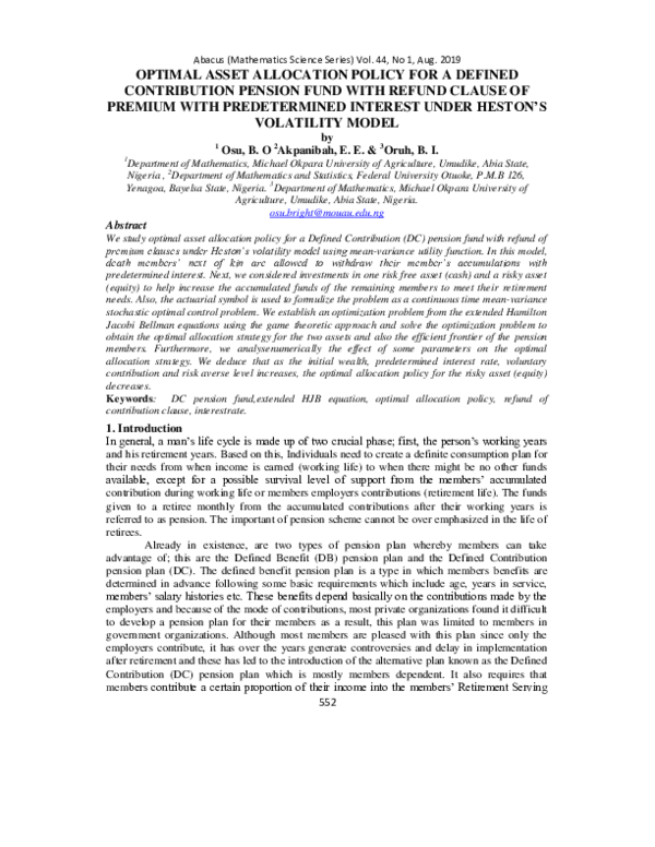 (PDF) Optimal Asset Allocation Policy for a Defined Contribution ...