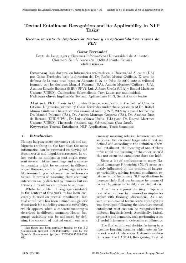 (PDF) Textual Entailment Recognition and its Applicability in NLP Tasks