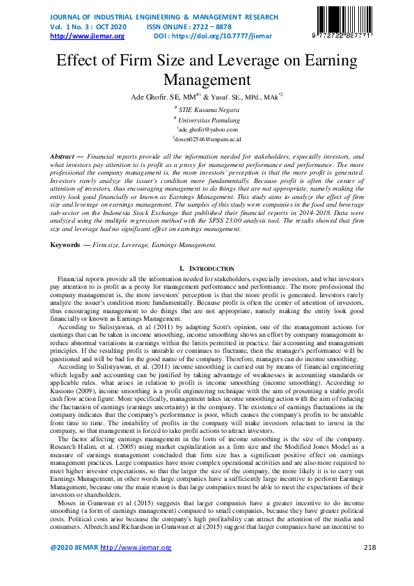 (PDF) Effect of Firm Size and Leverage on Earning Management