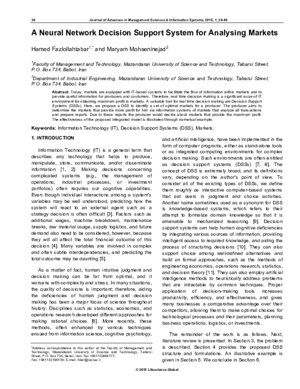 (PDF) A Neural Network Decision Support System for Analysing Markets