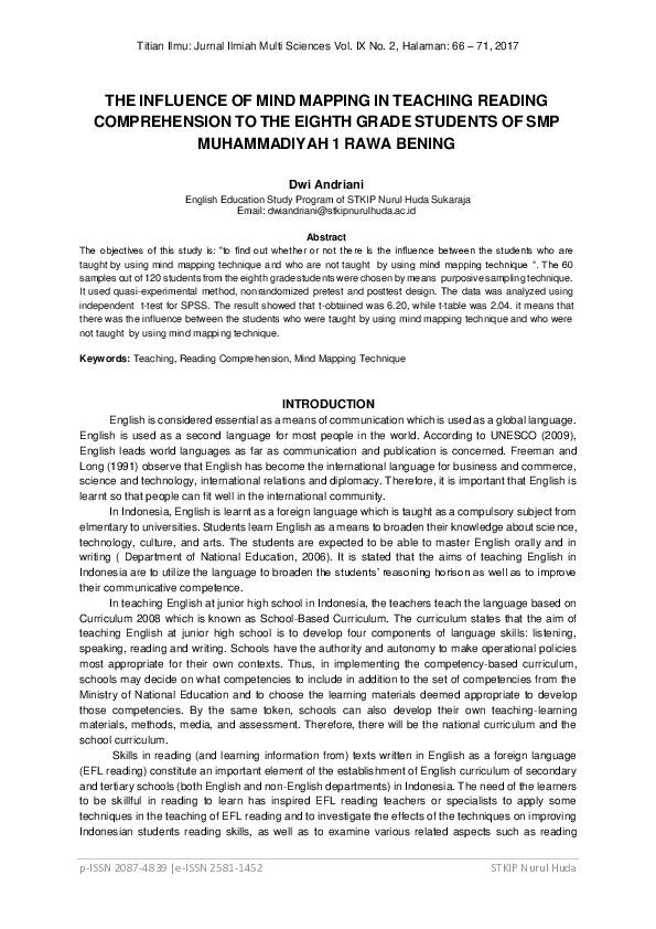 (PDF) The Influence of Mind Mapping in Teaching Reading Comprehension ...