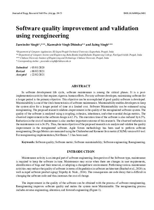 (PDF) Software quality improvement and validation using reengineering