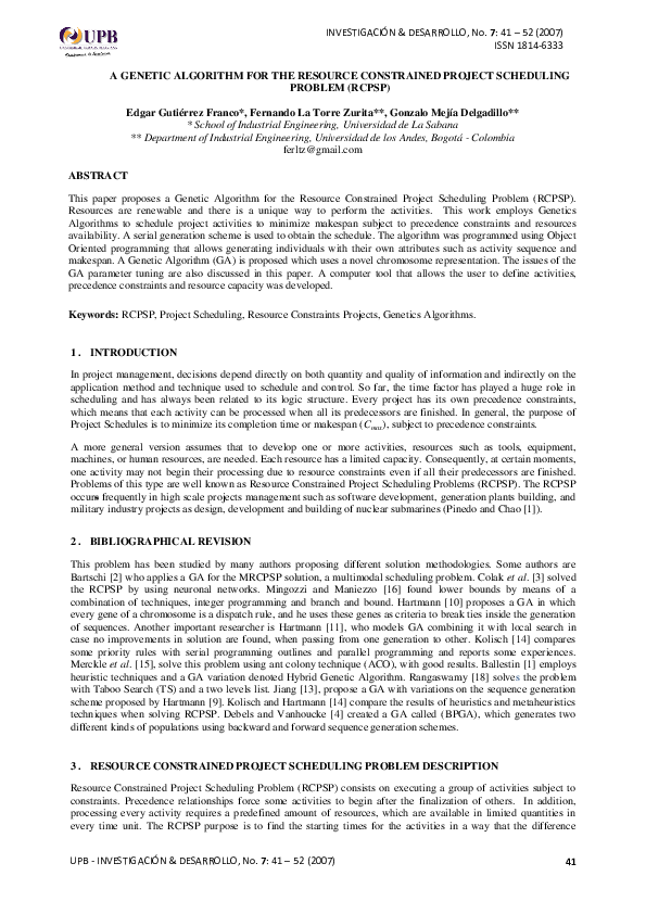 (PDF) A Genetic Algorithm for the Resource Constrained Project ...