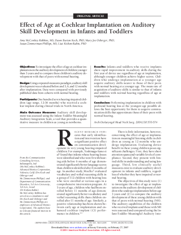 (PDF) Effect of Age at Cochlear Implantation on Auditory Skill ...