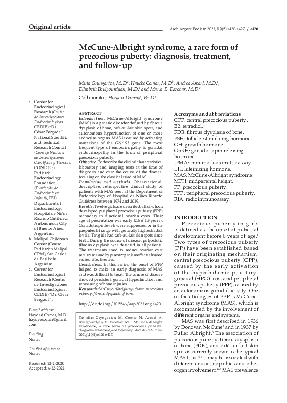(PDF) McCuneAlbright syndrome, a rare form of precocious puberty