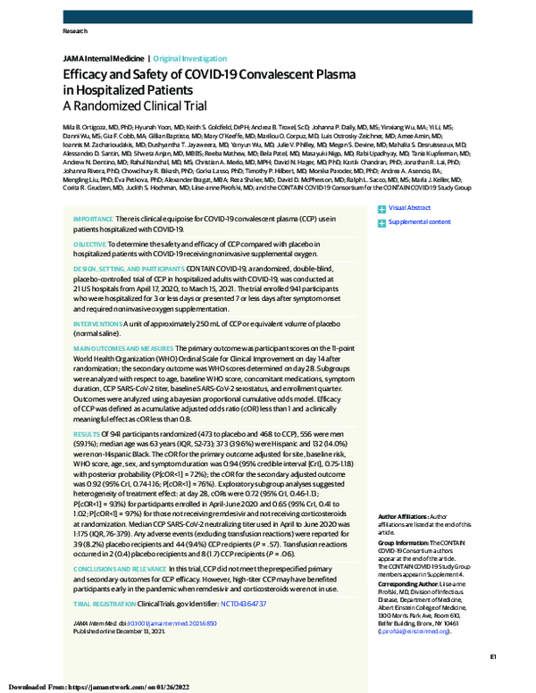 (PDF) Efficacy and Safety of COVID-19 Convalescent Plasma in ...