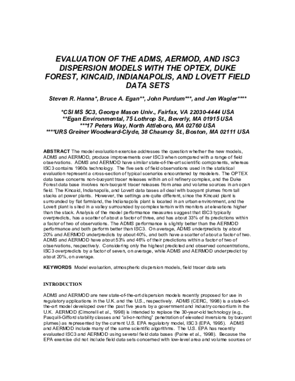 (PDF) Evaluation of the ADMS, AERMOD, and ISC3 dispersion models with ...