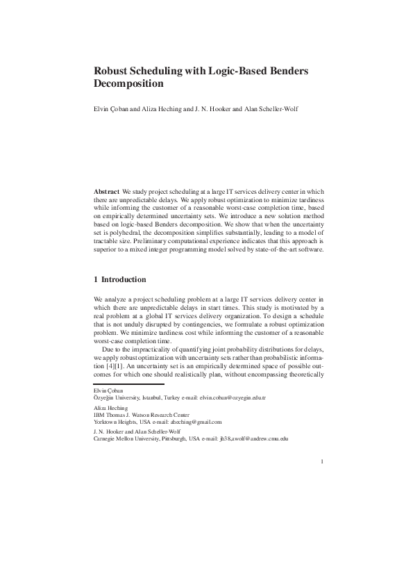 (PDF) Robust Scheduling with Logic-Based Benders Decomposition