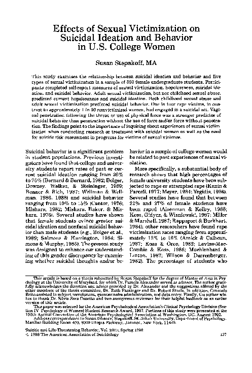 (PDF) Effects of Sexual Victimization on Suicidal Ideation and Behavior ...