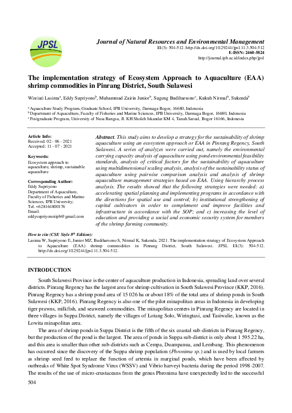 (PDF) The implementation strategy of Ecosystem Approach to Aquaculture ...