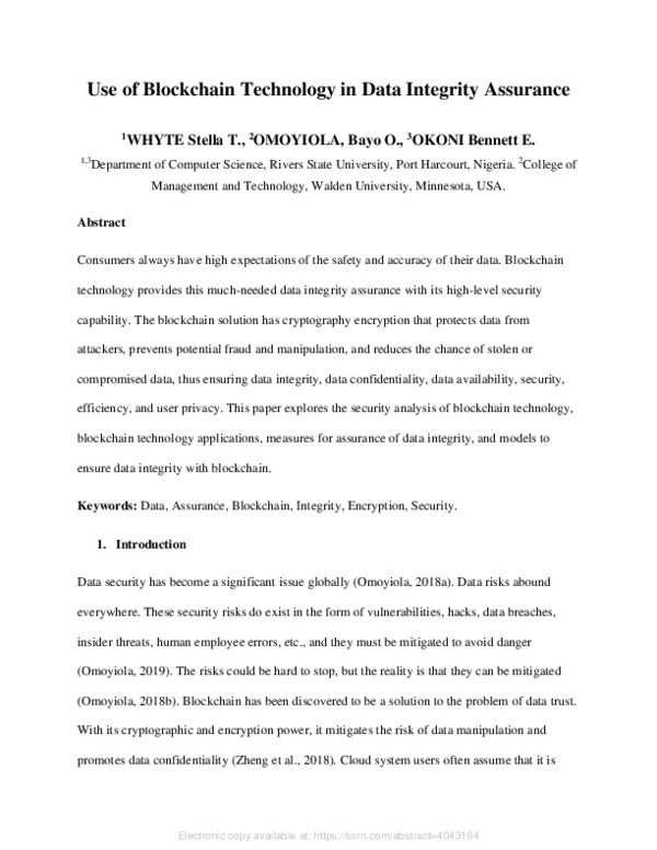 (PDF) Use of Blockchain Technology in Data Integrity Assurance | Bayo O ...