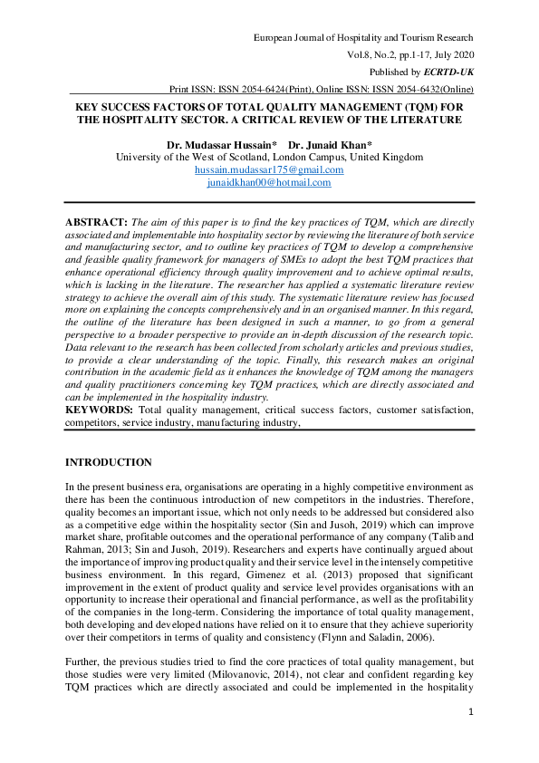 (PDF) Key Success Factors of Total Quality Management (TQM) for the ...