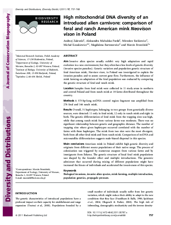 (PDF) High mitochondrial DNA diversity of an introduced alien carnivore ...