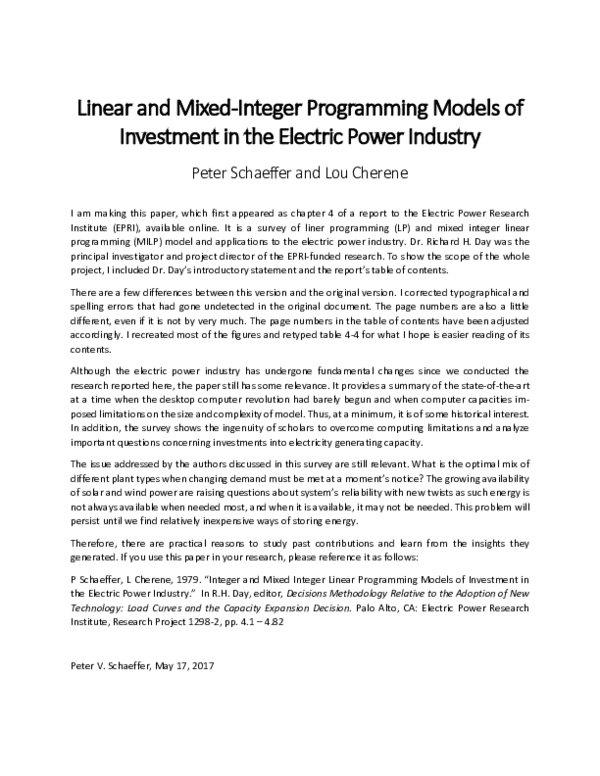 (PDF) Linear and Mixed-Integer Programming Models of Investment in the ...