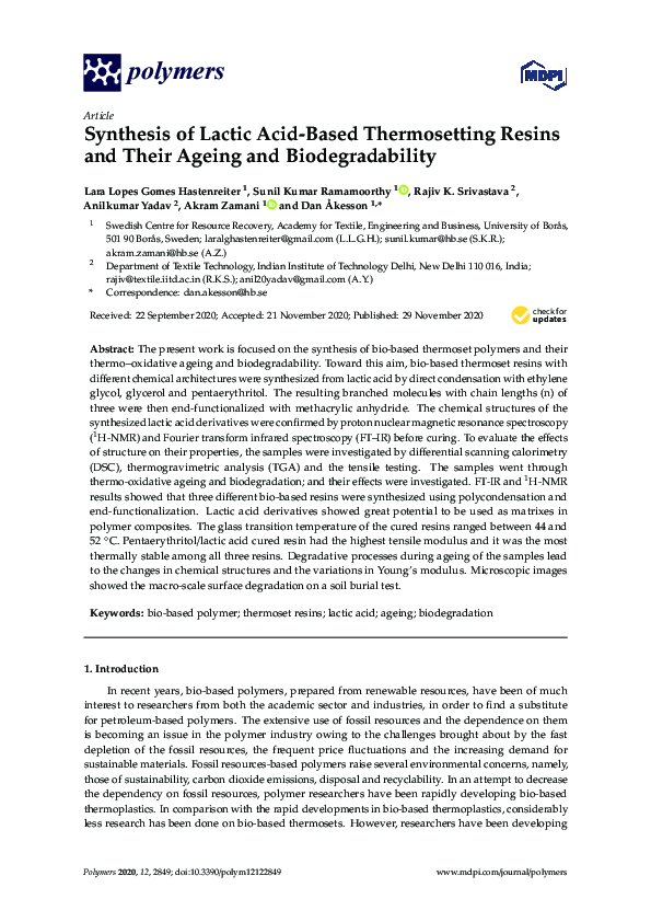 (PDF) Synthesis of Lactic Acid-Based Thermosetting Resins and Their ...
