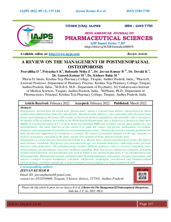 (PDF) A REVIEW ON THE MANAGEMENT OF POSTMENOPAUSAL OSTEOPOROSIS