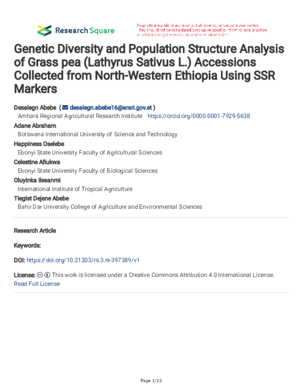(PDF) Genetic Diversity and Population Structure Analysis of Grass pea ...