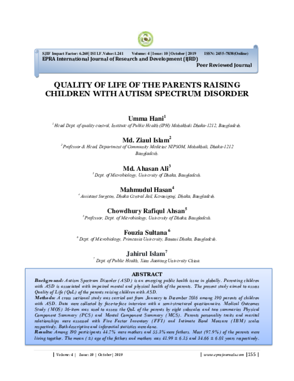 (PDF) Quality of Life of the Parents Raising Children with Autism ...