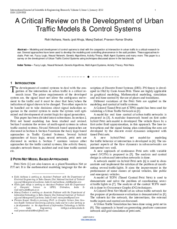 (PDF) A Critical Review on the Development of Urban Traffic Models ...
