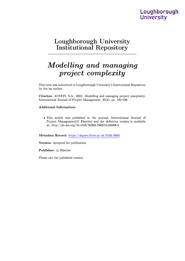 (PDF) Modelling and managing project complexity