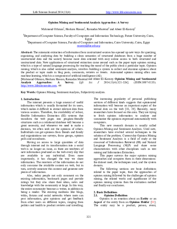 (PDF) Opinion Mining and Sentimental Analysis Approaches: A Survey