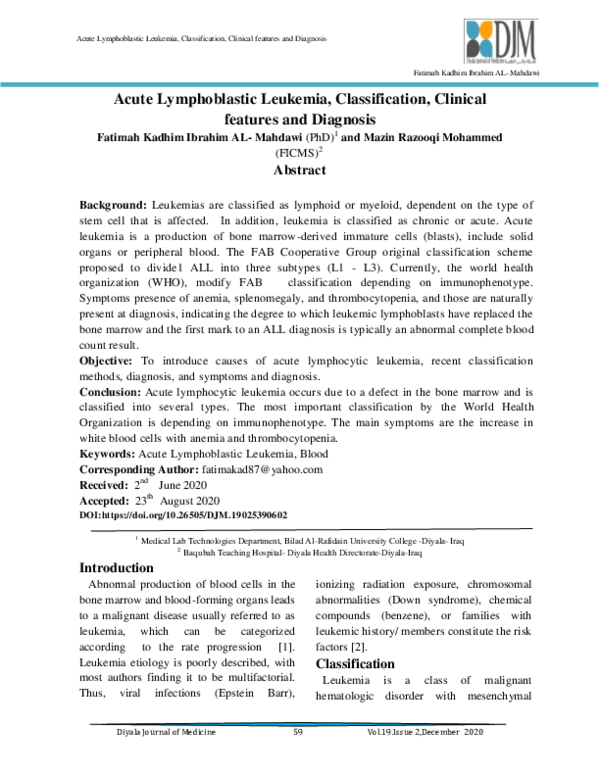 Pdf Acute Lymphoblastic Leukemia Classification Clinical Features