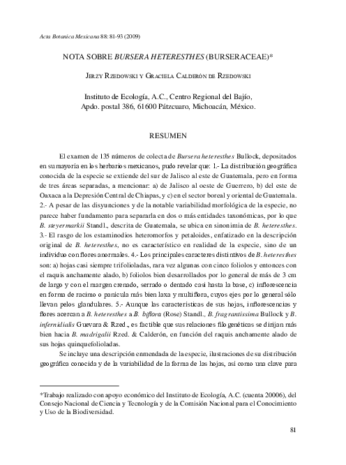 (PDF) Nota Sobre Bursera Heteresthes (Burseraceae) | Jerzy Rzedowski ...