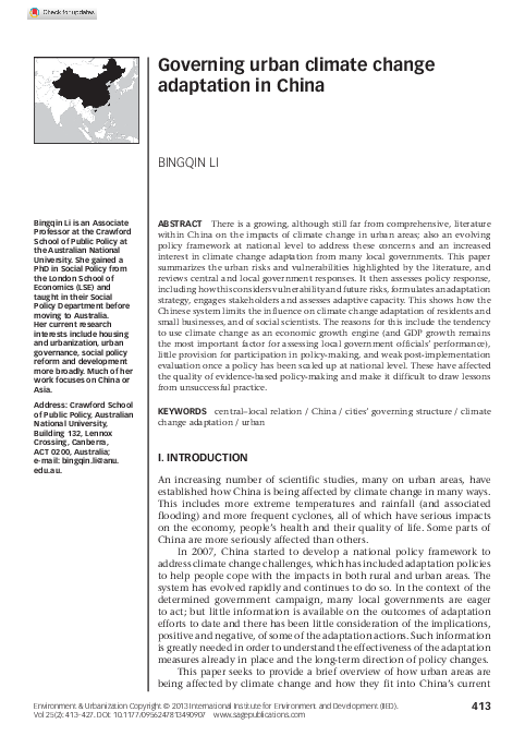 (PDF) Governing urban climate change adaptation in China
