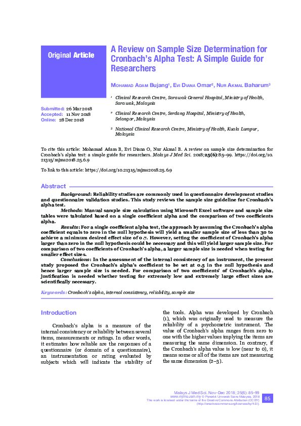 (PDF) A Review on Sample Size Determination for Cronbach’s Alpha Test ...