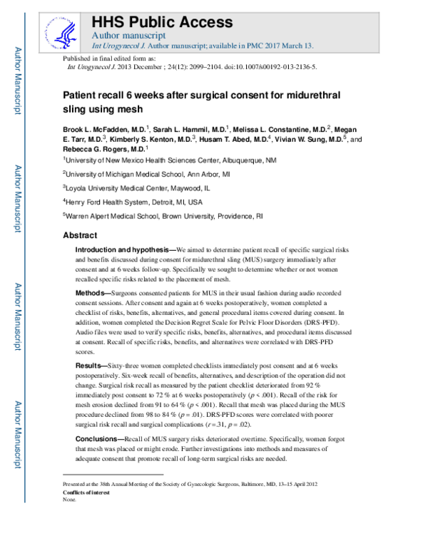 (PDF) Patient recall 6 weeks after surgical consent for midurethral