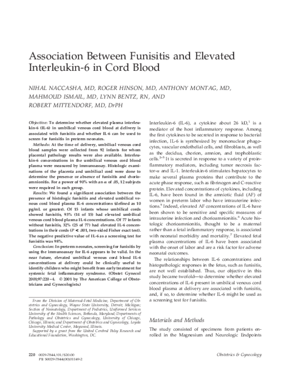 (PDF) Association between funisitis and elevated interleukin-6 in cord ...