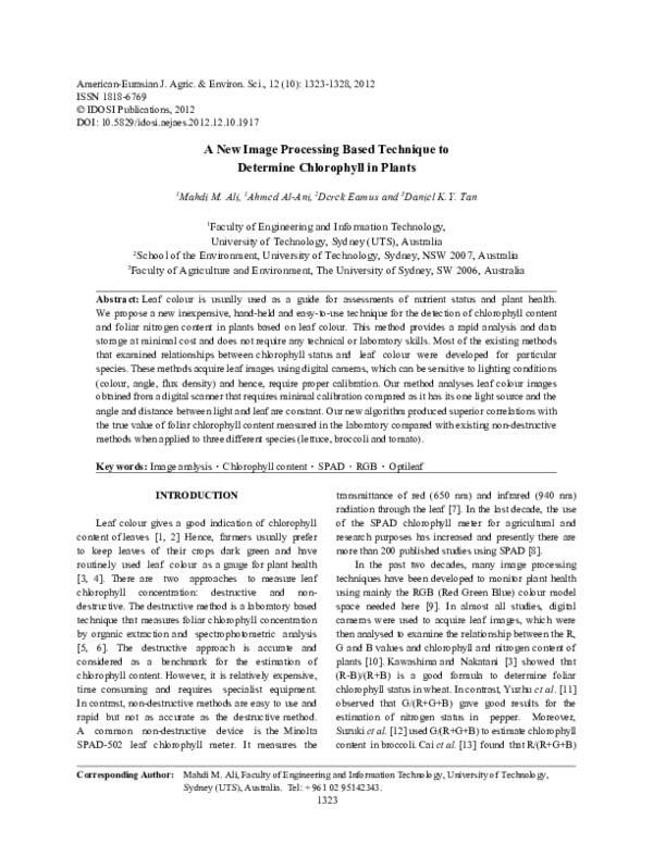 (PDF) A New Image Processing Based Technique to Determine Chlorophyll ...