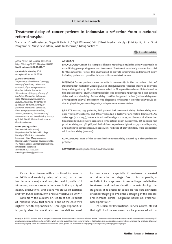 (PDF) Treatment delay of cancer patients in Indonesia: a reflection ...