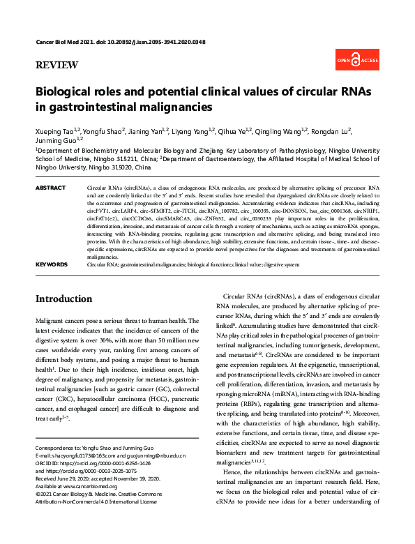 (PDF) Biological roles and potential clinical values of circular RNAs ...