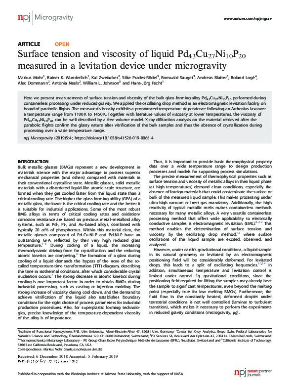 (PDF) Surface tension and viscosity of liquid Pd43Cu27Ni10P20 measured ...